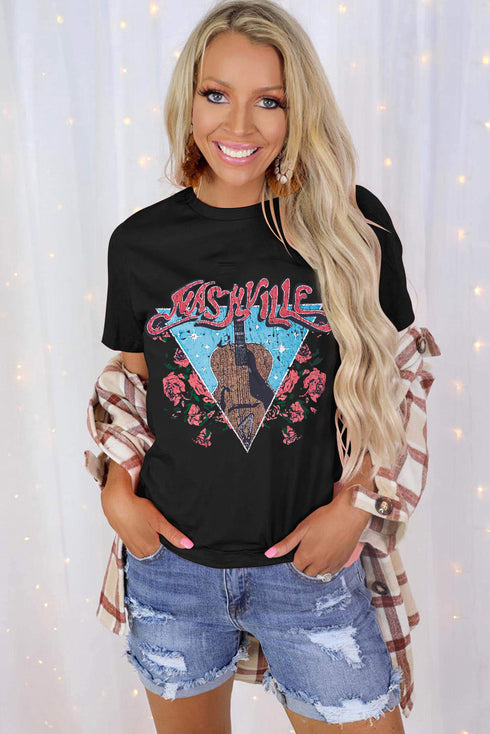 Black Guitar Flower Letter Graphic Print Short Sleeve T Shirt